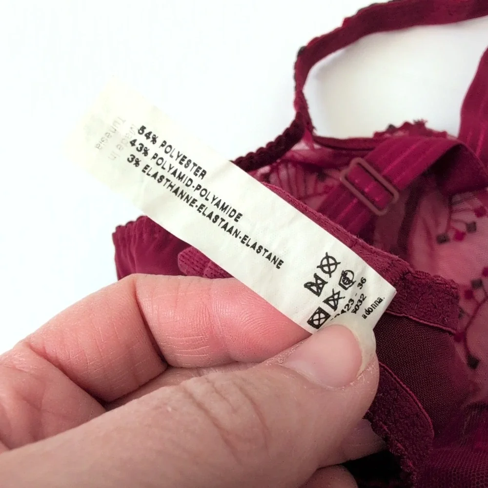 PrimaDonna Burgundy Floral Embroidered Sheer Mesh‎ No-Wire Bra 34F US UK 75F EU